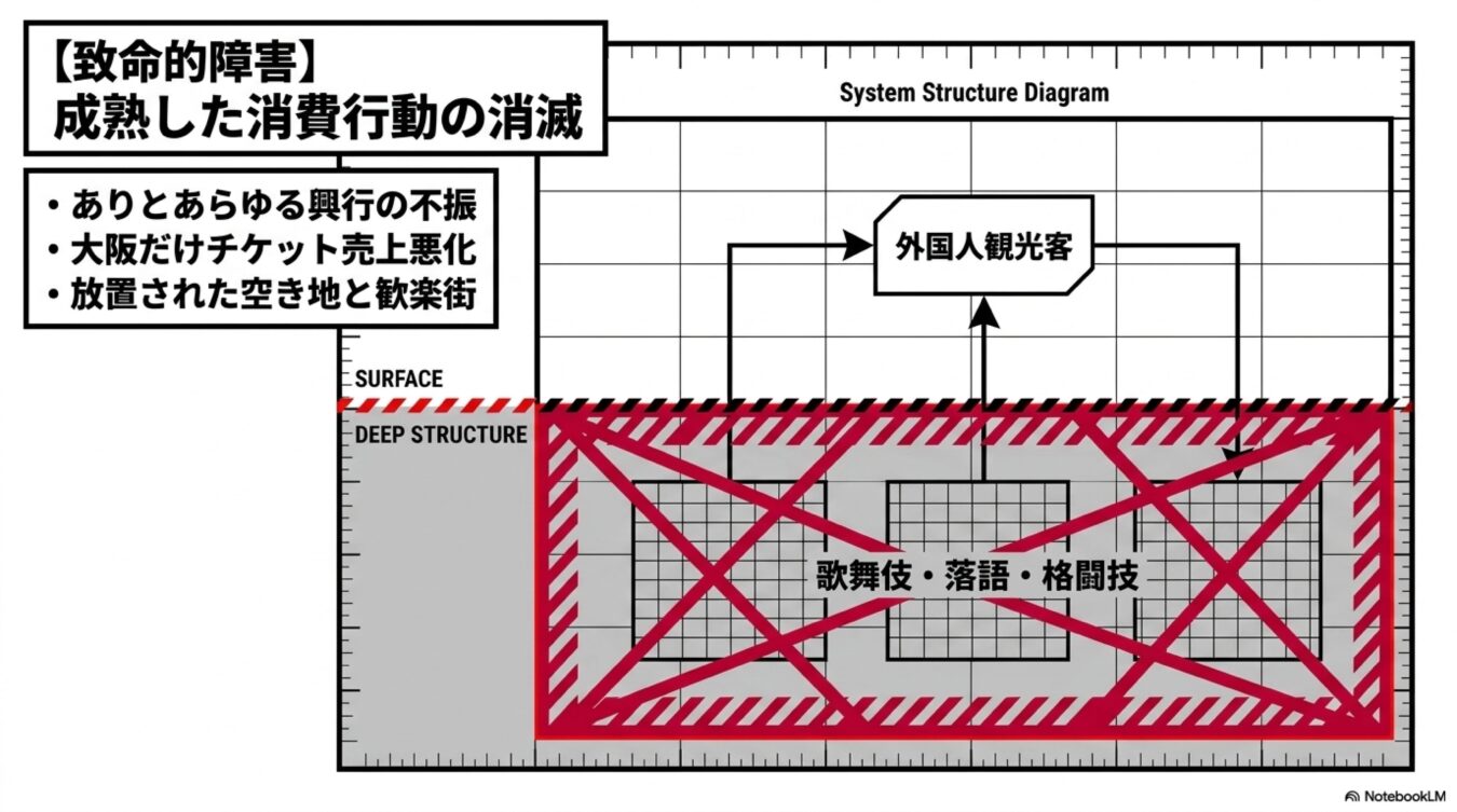 興行不振やチケット売上悪化という致命的障害に対し、歌舞伎・落語・格闘技の構造的な課題と外国人観光客との関係性を示した図。