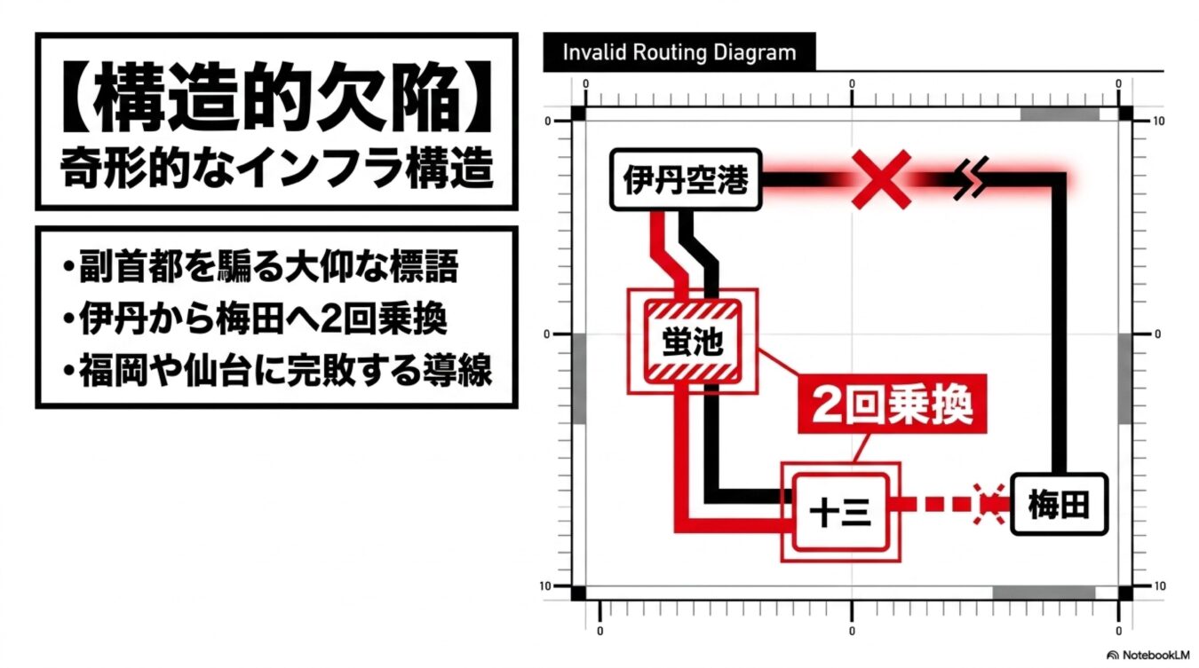 伊丹空港から梅田へのアクセスが蛍池と十三での2回乗換を要する非効率な経路であることを、インフラの構造的欠陥として批判的に解説した図。