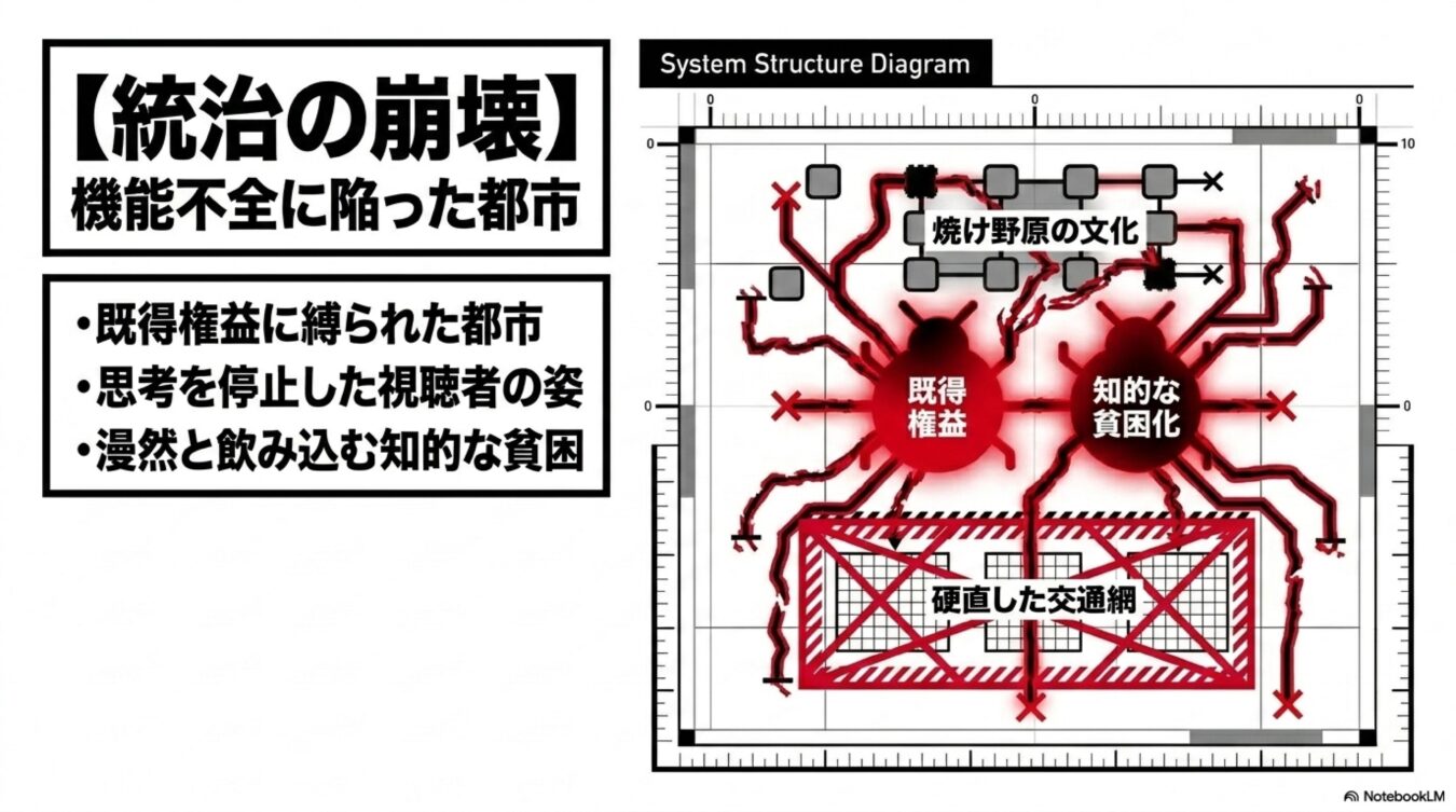 統治の崩壊をテーマに、既得権益や知的貧困が都市の交通網や機能を麻痺させている様子を示すシステム構造図。