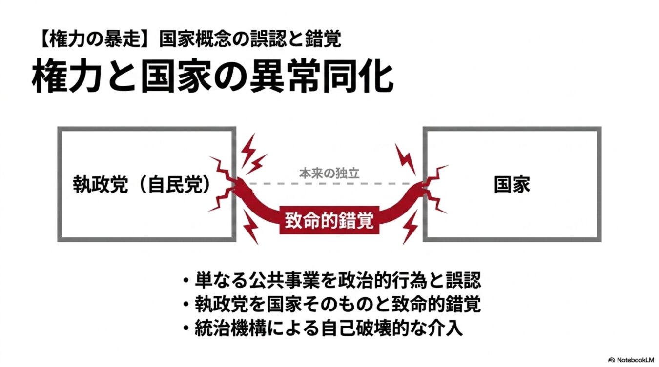 執政党と国家の混同を致命的錯覚として図解。本来独立すべき両者が異常同化し、公共事業の政治的私物化や統治機構の自己破壊的介入を招いている現状を批判的に示している。