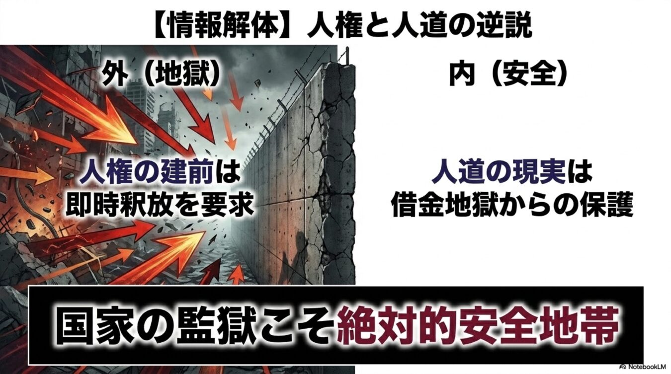 情報解体と題し、壁を隔てた地獄のような外の世界と安全な内側を対比させ、人権と人道の逆説から国家の監獄が安全地帯であると主張する図解。