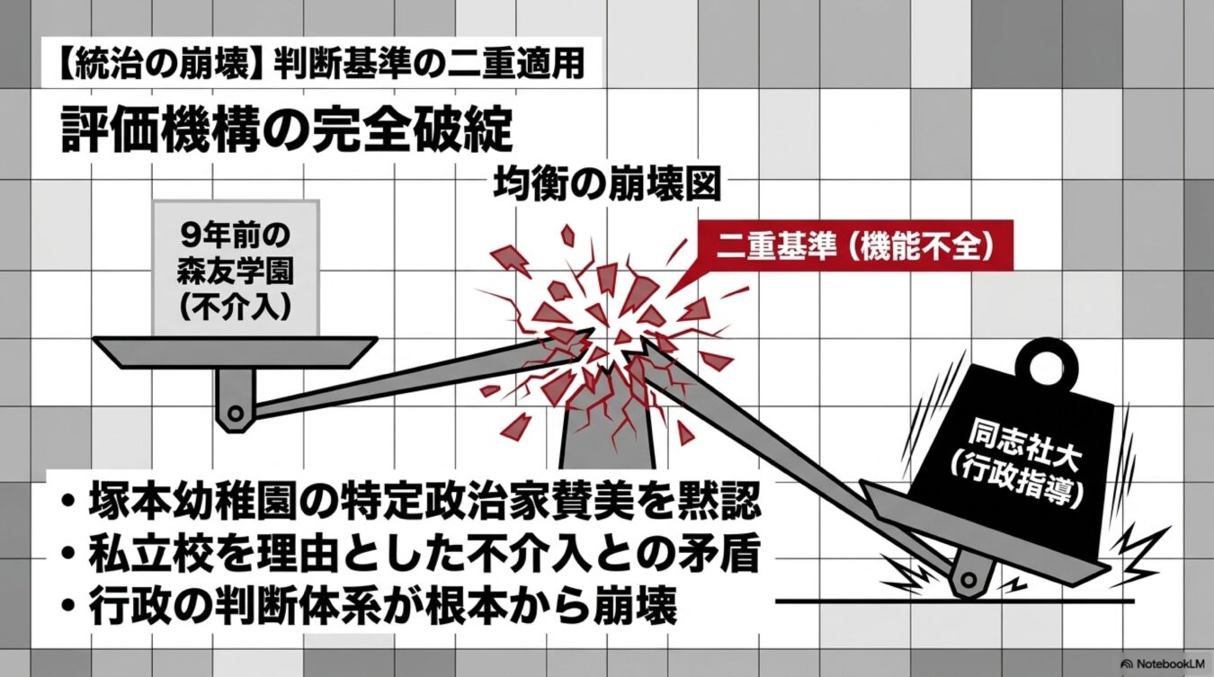 森友学園と同志社大への対応差を天秤で表現し、行政の判断基準が二重適用により機能不全に陥っている様子。