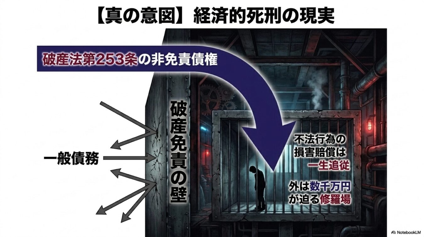 破産法第253条の非免責債権により、不法行為の損害賠償が免責されず、経済的な逃げ場を失い一生追われ続ける現実を解説する図解。