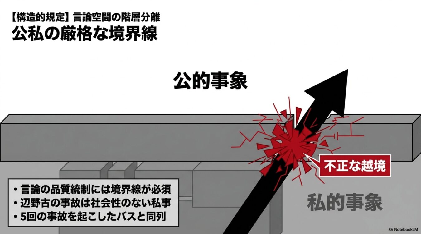 公的事象と私的事象の境界線を越える行為を不正な越境と定義し、言論空間の階層分離の重要性を説く図解。