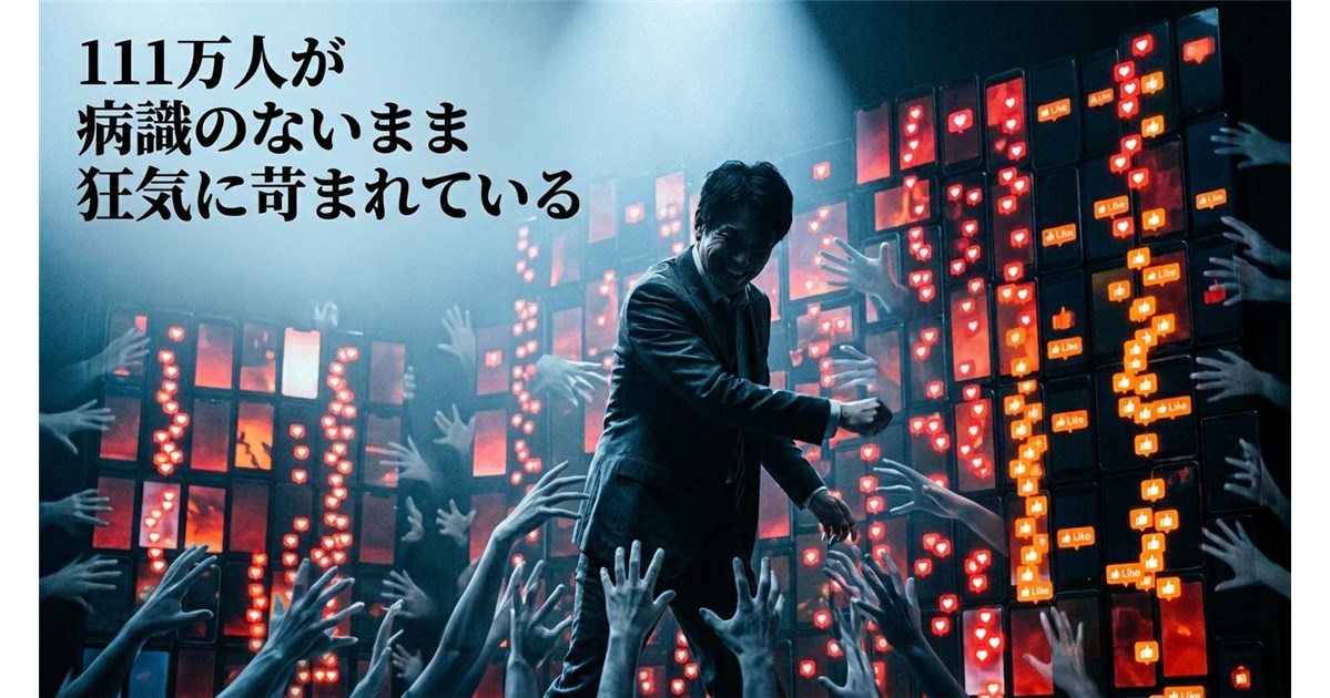 【ビジュアル要素】 メイン被写体: 薄暗い空間の中で、一人だけピンスポットを浴びながら不自然な笑顔で「存在しないラケット（エアテニス）」を振るスーツ姿の男性（シルエットや顔が判別できない形）。 背景・周囲: 男性の背後や周囲を、巨大な壁のように無数の「スマートフォンの画面」が取り囲んでいる。 象徴的ディテール: スマホの画面からは「いいね（サムズアップ）」や「ハート」のアイコンが溢れ出し、男性に向かって無数の「見えない手」がそれらを差し出している（＝イネイブラーの狂気を表現）。 【色彩・トーン】 全体は冷たく病的な「青白いトーン（精神病理のメタファー）」。 スマホの画面や「いいね」のアイコンだけが、警告色である「不気味な赤」や「毒々しいオレンジ」で発光している。 【テキスト配置案】 画像の左上または中央に太字の明朝体で「111万の病識なき狂気」と配置