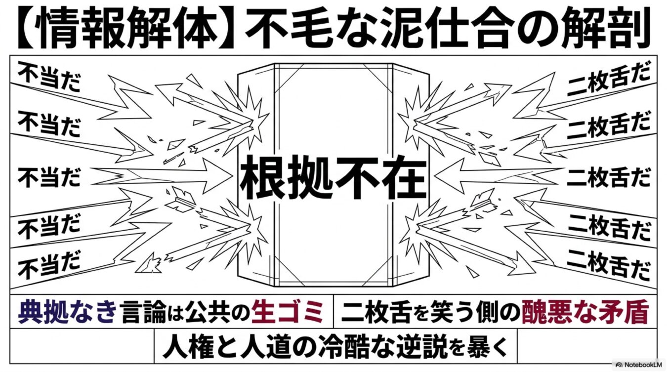 不毛な泥仕合を根拠不在とし、左右から不当二枚舌と非難が飛び交う図。典拠なき言論や二枚舌の矛盾、人権と人道の逆説を批判的に解剖したイラスト。