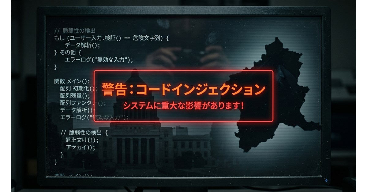 プログラムのソースコード画面に「CODE INJECTION」という赤い警告文が表示され、その背後に国会議事堂と群馬県のシルエットが不気味に透けて見えるデザイン。