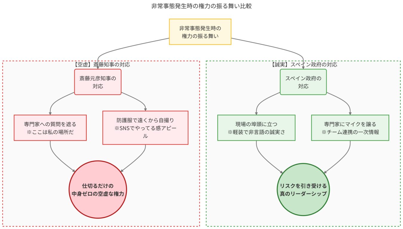 非常事態における権力の振る舞いを比較した図。斎藤知事の対応を空虚な権力、スペイン政府の対応を真のリーダーシップとして対比している。