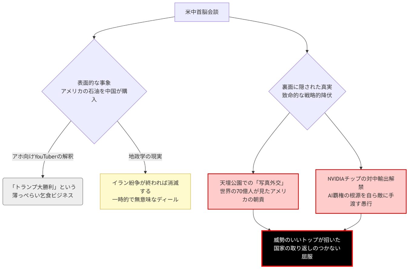 米中首脳会談を巡り、表面的な事象と裏側に隠された戦略的降伏という二つの側面から分析した対立構造図。