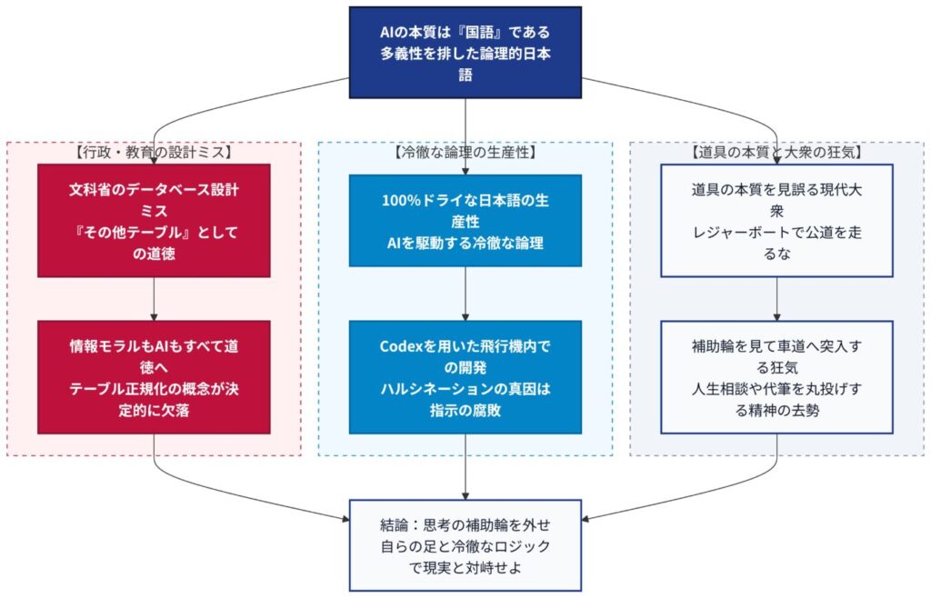 AIの本質を多義性を排した日本語と定義し、行政の設計ミス、生産性、大衆の狂気という3つの視点から考察する論理構造図。