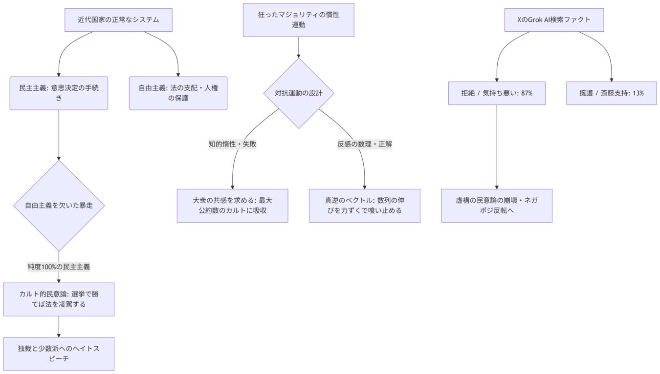近代国家のシステムと狂ったマジョリティの運動、そしてXのGrok検索結果を比較し、民主主義の暴走と反転の構造を解説する図。