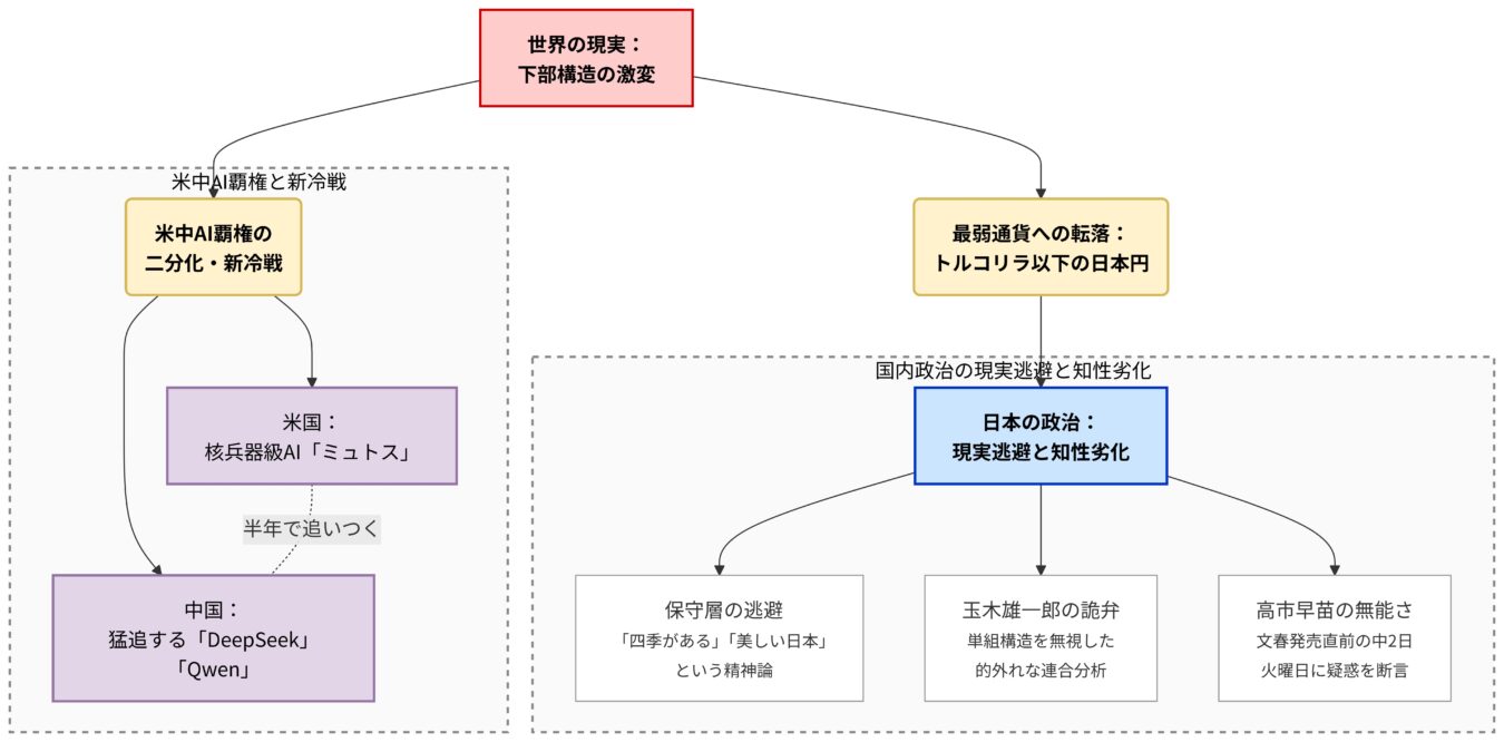 米中AI覇権競争による新冷戦と、日本の通貨転落および国内政治の現実逃避や知性劣化の構造を示す解説図。