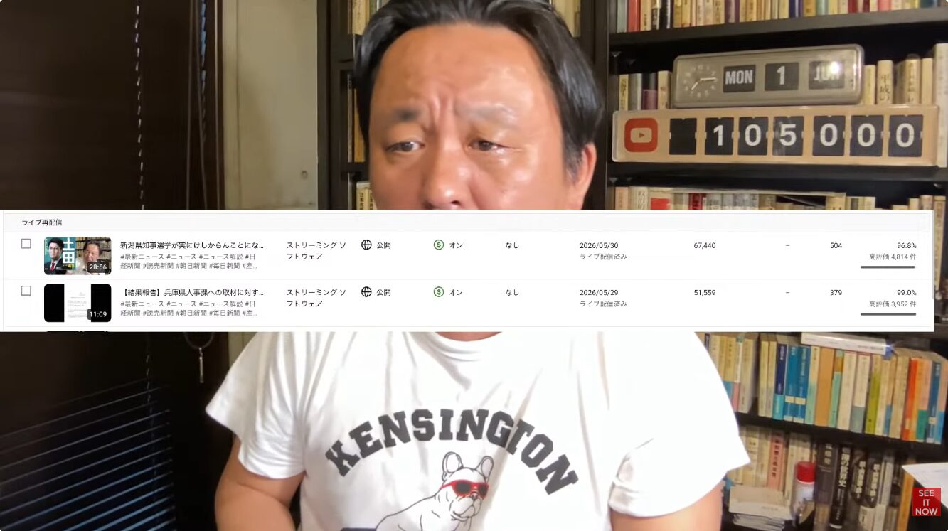 本棚を背景にした配信者の背後に、YouTubeのライブ配信管理画面が表示されており、再生数や高評価率などのデータが並んでいる。