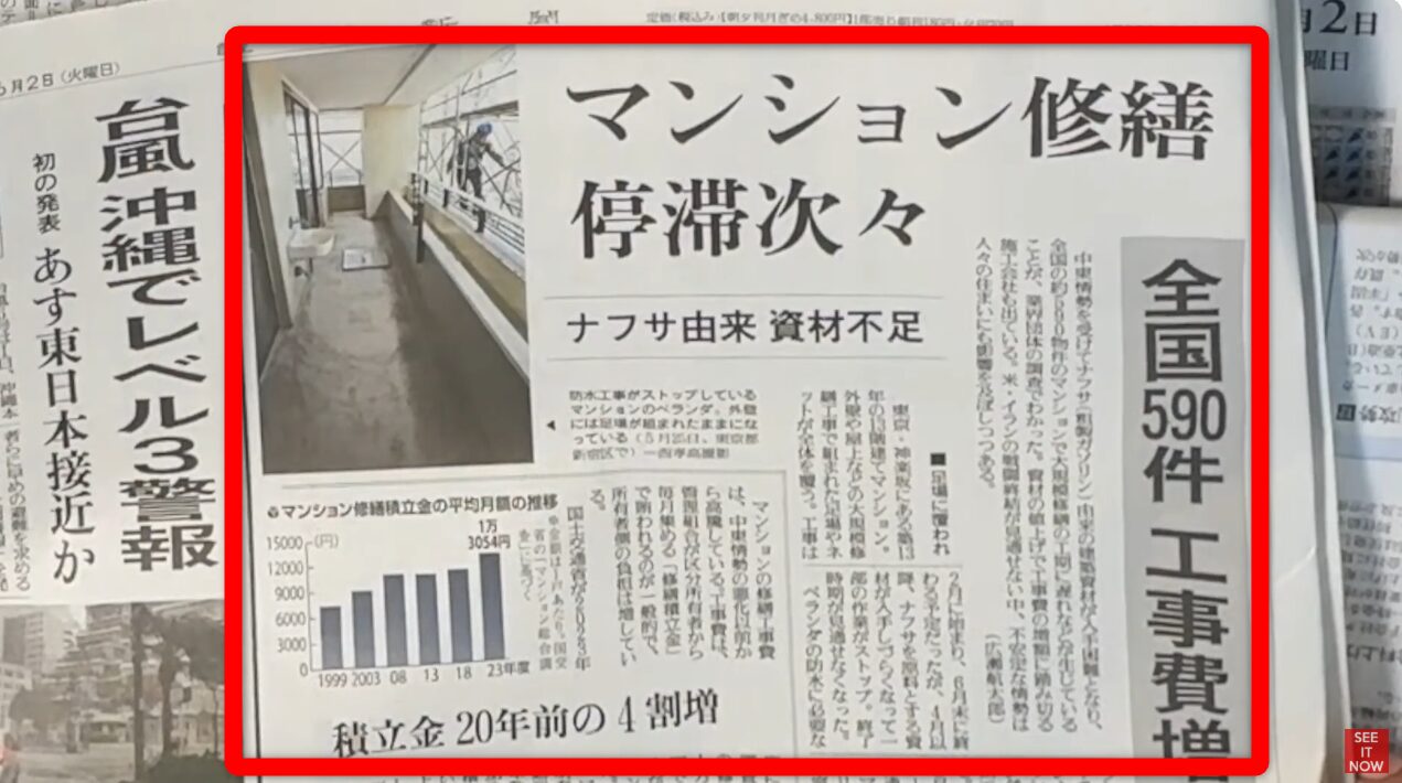 中東情勢による資材不足の影響でマンション修繕工事が停滞している現状と、修繕積立金の推移を示すグラフを掲載した新聞記事。