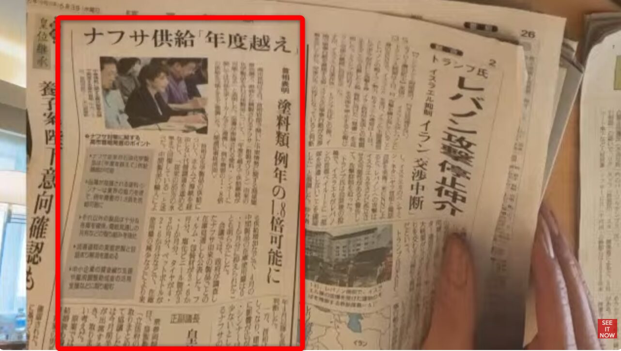 ナフサ供給の年度越えに伴う塗料類価格への影響や政府の対応を報じる新聞記事。