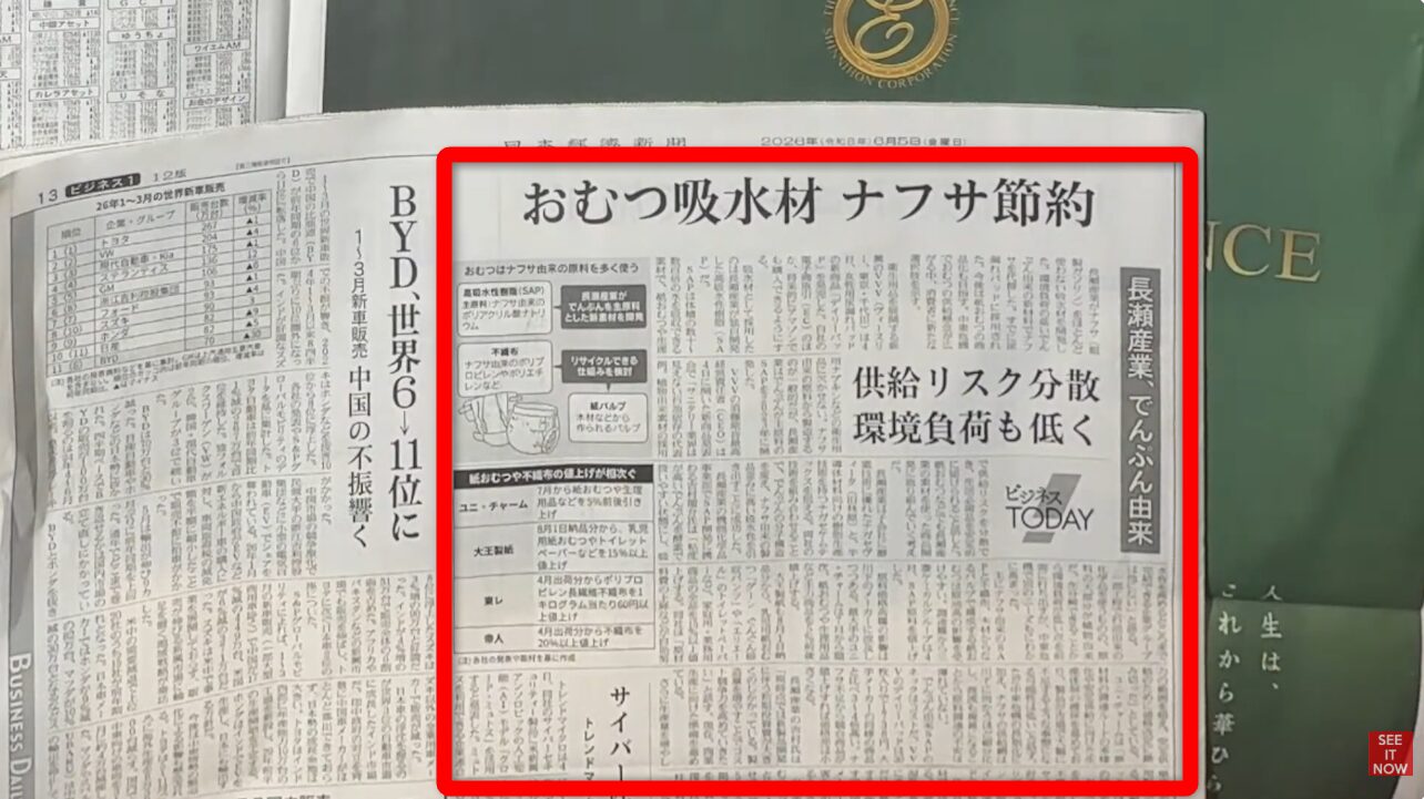 長瀬産業がナフサ由来の原料を減らすため、おむつ吸水材にでんぷんを使用し、供給リスク分散と環境負荷低減を図る新聞記事。