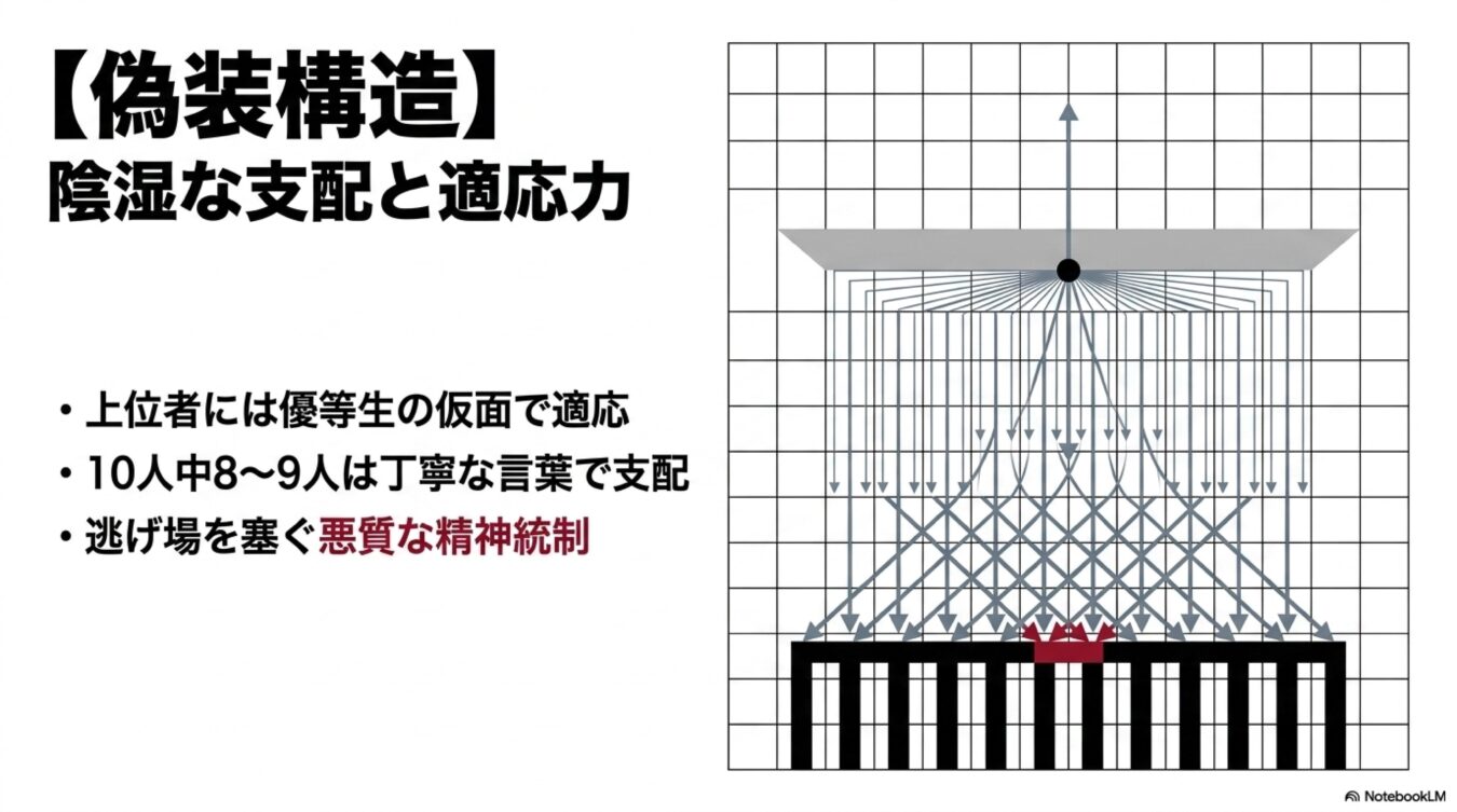 偽装構造(陰湿な支配と適応力)の解説。優等生を装う適応と丁寧な言葉による支配、精神統制の仕組み。
