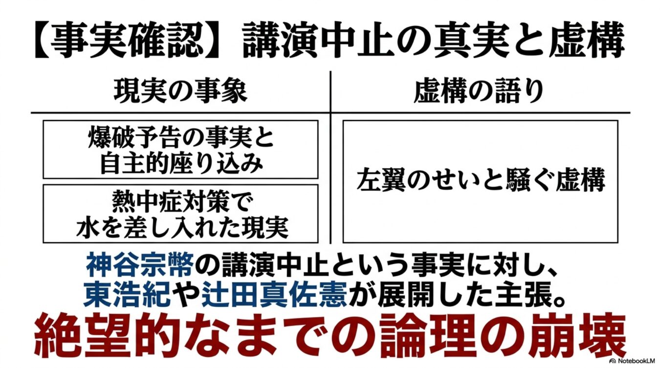 神谷宗幣の講演中止を巡り、実際の出来事と虚構の語りを対比させ、東浩紀や辻田真佐憲らの主張を批判的に解説する図。