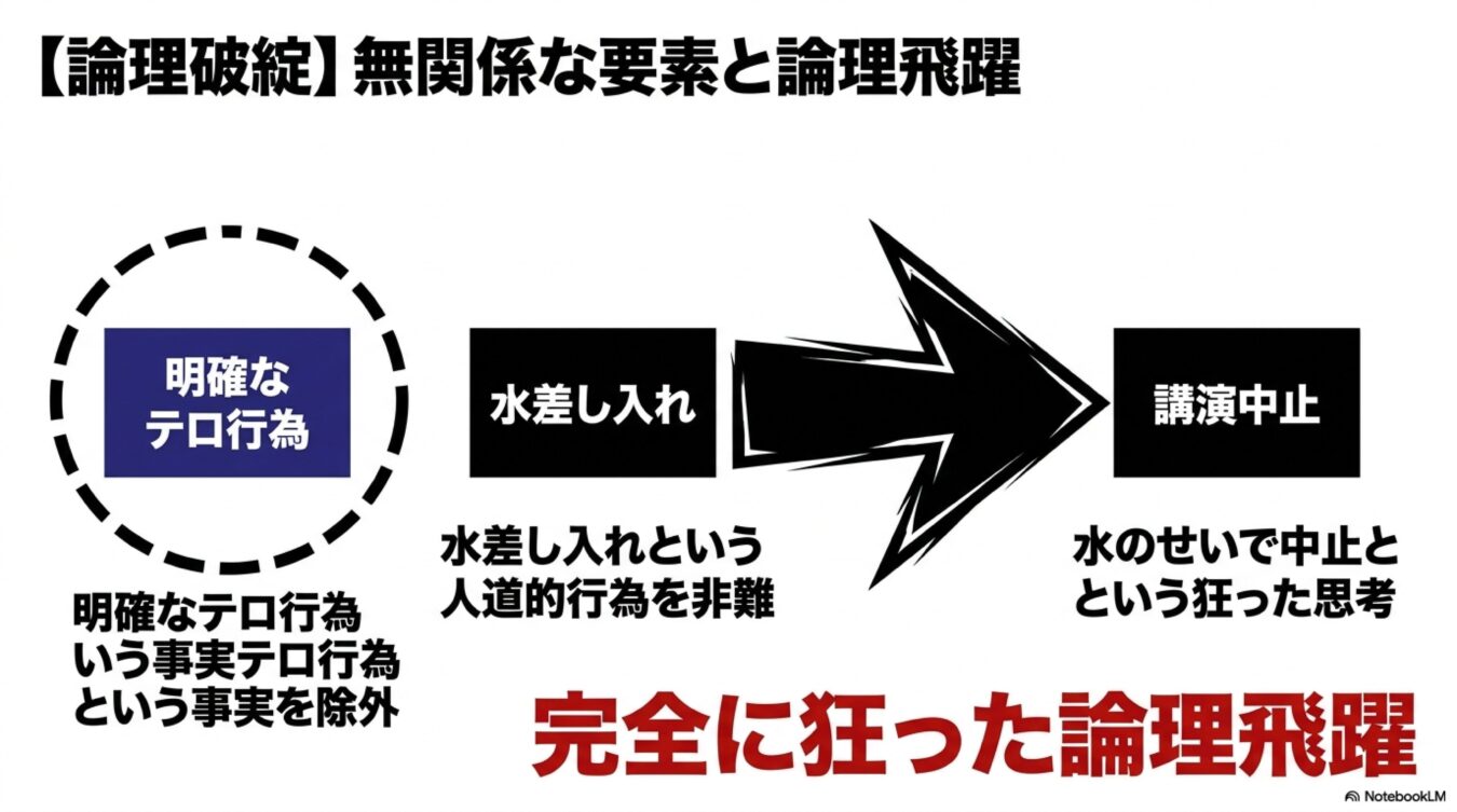 テロ行為という事実を除外して水差し入れを非難し、講演中止の原因とする論理飛躍の構造図。