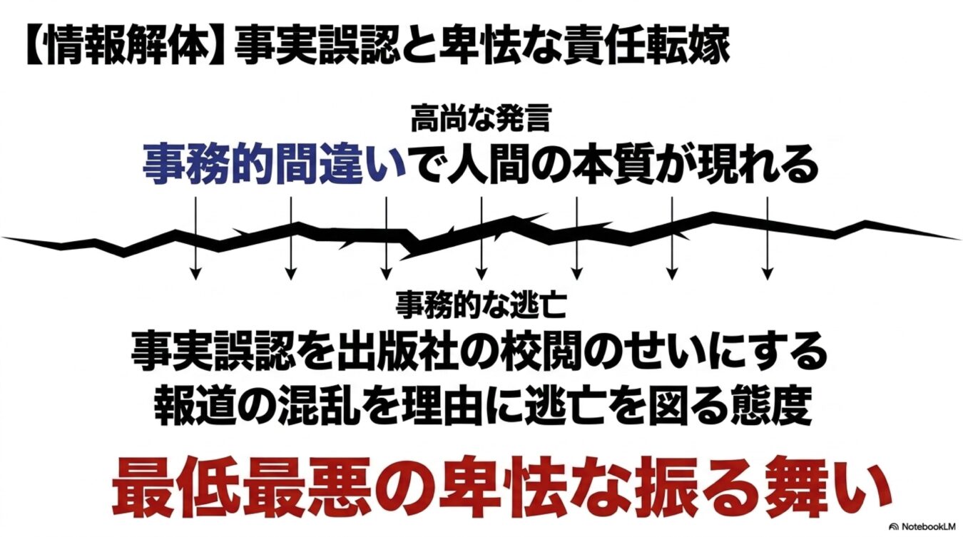 事実誤認を出版社のせいにする責任転嫁や、混乱を理由に逃亡を図る卑怯な振る舞いを批判的に解説する図解。