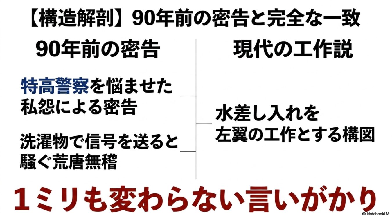 90年前の私怨による密告と現代の工作説を比較し、その構造的な類似と不変の言いがかりを指摘する対照図。