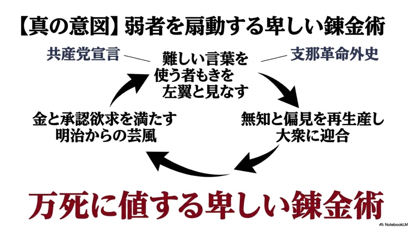 弱者を扇動して利益を得る構造を批判する図解。難しい言葉を使う者を左翼と見なすという偏見が、大衆迎合や利益追求へと循環する社会的なからくりを表現している。