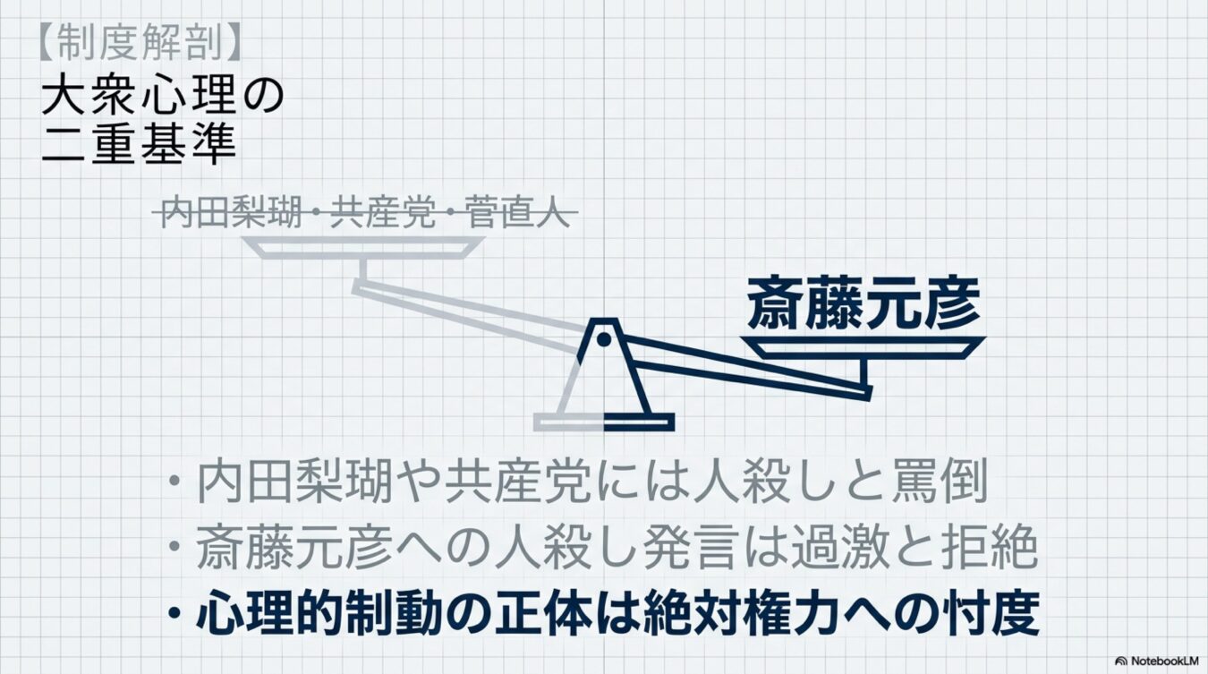大衆心理の二重基準と題し、内田梨瑚・共産党・菅直人への批判と斎藤元彦への擁護が天秤で釣り合わない様子を描き、権力への忖度を指摘する図解。