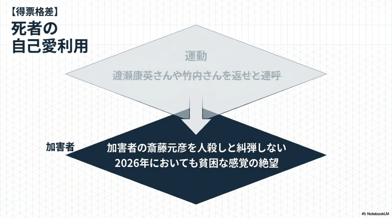 死者の自己愛利用をテーマに、渡瀬康英さんらを返せと連呼する運動と斎藤元彦氏への糾弾を繋げた図。