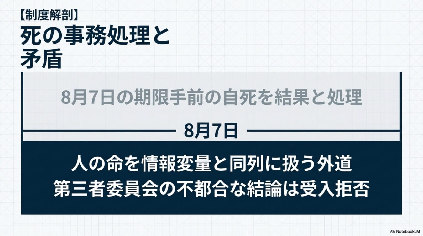 【制度解剖】死の事務処理と矛盾。期限手前の自死の処理や、第三者委員会の不都合な結論の受入拒否について説明。