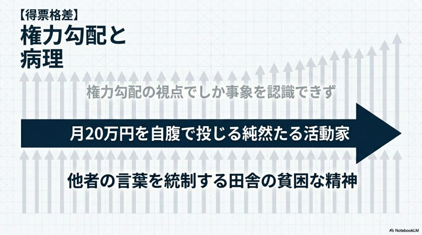 得票格差における権力勾配の病理：月20万円を自腹で投じる活動家と、他者の言葉を統制する精神を示す図。
