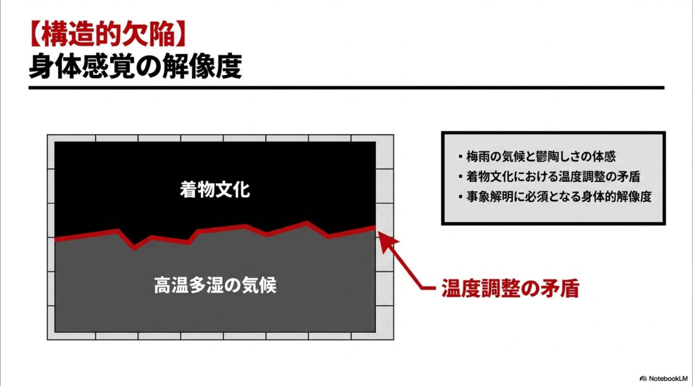 構造的欠陥として身体感覚の解像度を掲げ、着物文化と高温多湿な気候の間で生じる温度調整の矛盾を模式図で示したもの。