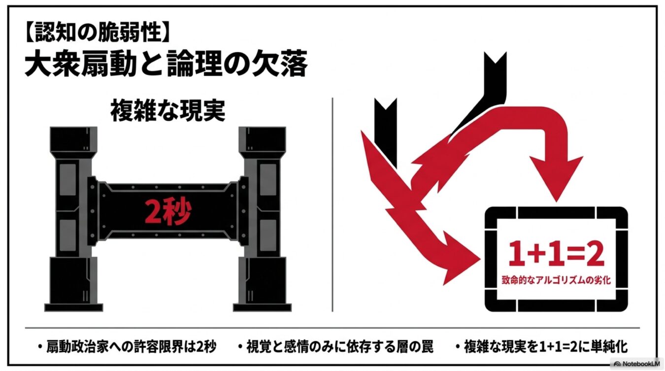 複雑な現実が2秒で1+1=2のように単純化され、感情に訴える扇動によってアルゴリズムが劣化していく認知の脆弱性を示した図。