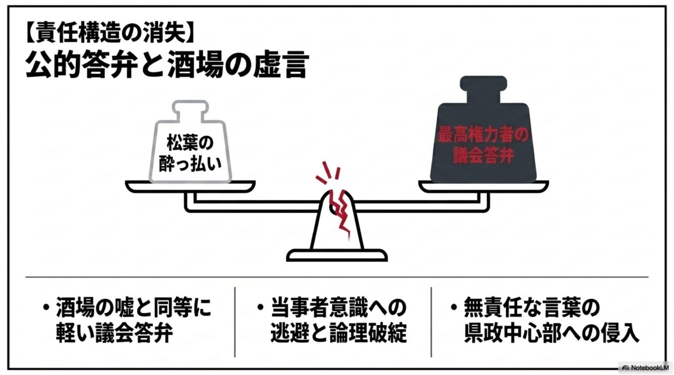 責任構造の消失を掲げ、酒場の酔っ払いの発言と同等に軽い議会答弁と、無責任な言論による県政の論理破綻を天秤のイラストで表現。