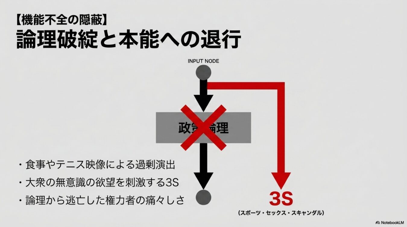 機能不全の隠蔽を説明する図解。入力が政策・論理を回避し、大衆の本能を刺激する3S政策(スポーツ・セックス・スキャンダル)へと誘導される構造を示している。