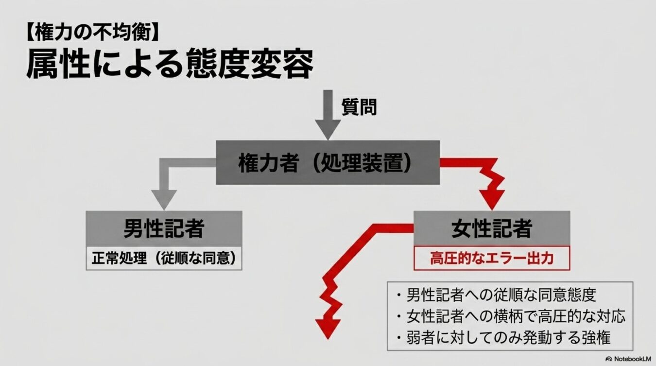 権力者が相手の属性(男性記者か女性記者か)によって、従順な同意と高圧的な対応という極端な態度変容を見せる仕組みを示した図解。