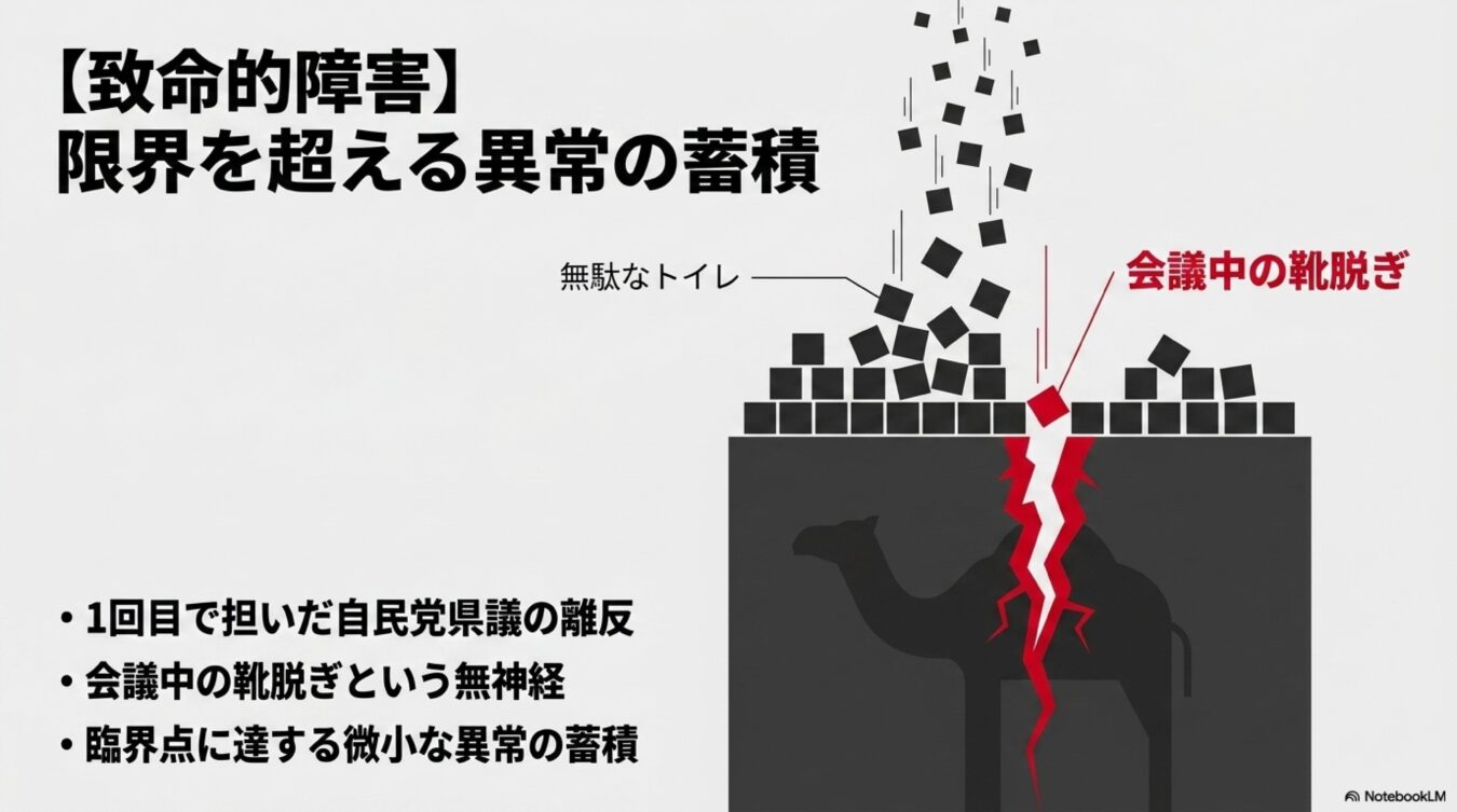致命的障害として、限界を超える微小な異常の蓄積と、会議中の靴脱ぎや県議離反が引き金となって破綻する様子を描いた概念図。