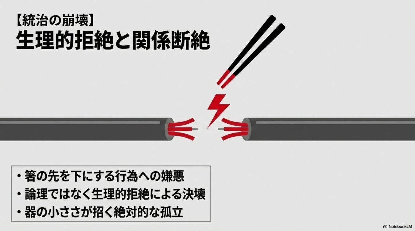 【統治の崩壊】生理的拒絶と関係断絶と題し、箸の作法への嫌悪による論理を超えた決裂と、それに伴う孤立を電気ケーブルの断線になぞらえて解説した図。