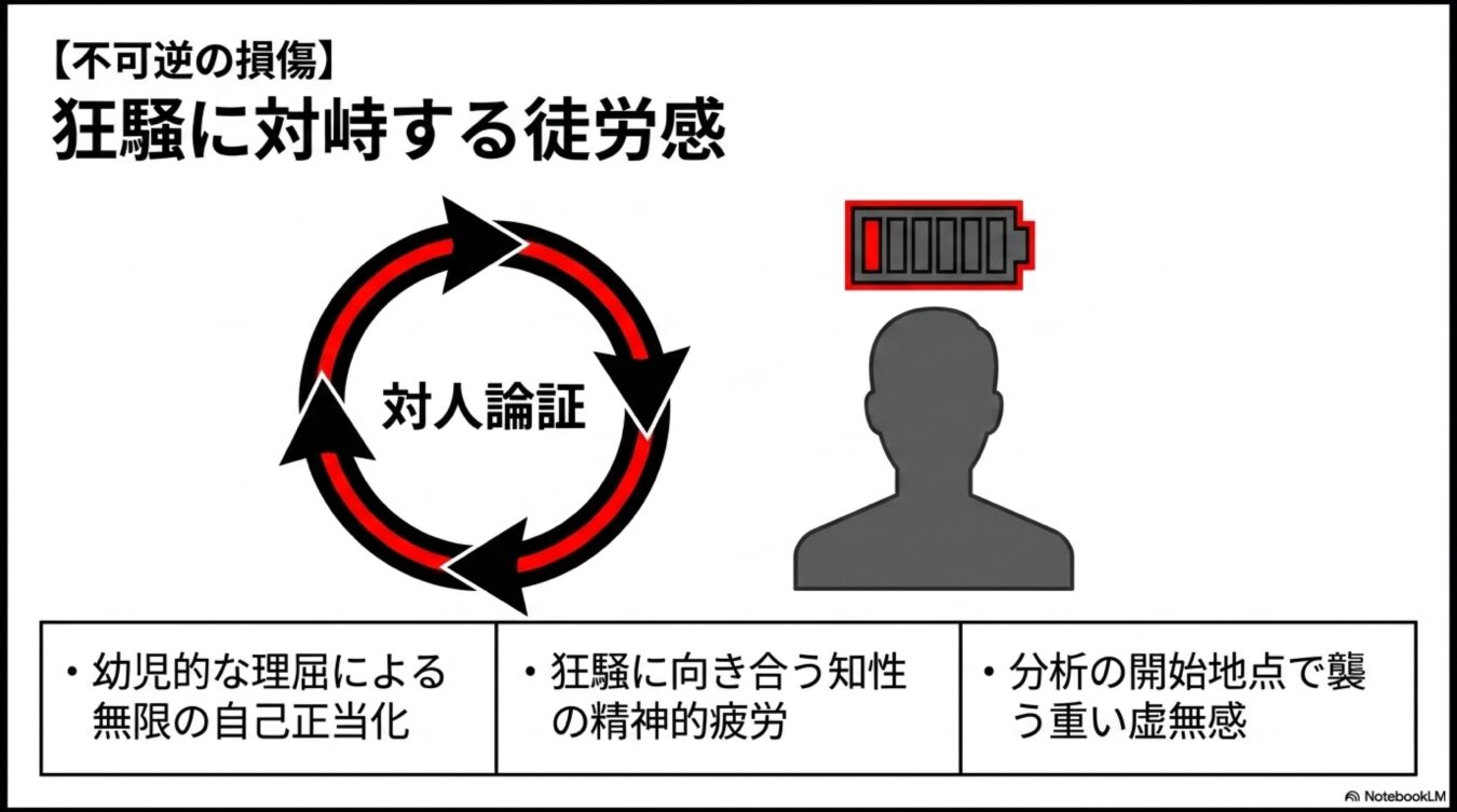 狂騒に対峙する徒労感をテーマに、対人論証の無限ループによる精神的疲労をバッテリー消耗で表現した図解。