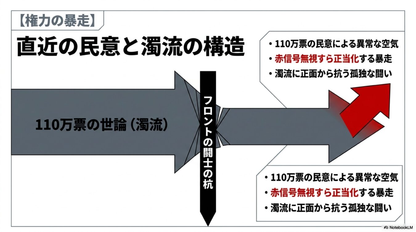 権力の暴走と題し、110万票の世論という濁流に対し、フロントの闘士の杭が正面から抗う構造を示した図解。