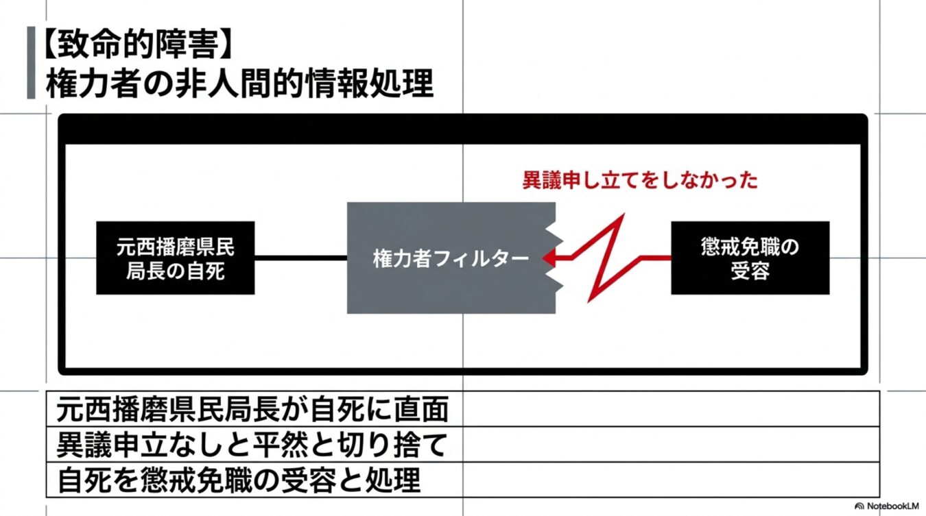 元西播磨県民局長の自死を異議申し立てをしなかったことによる懲戒免職の受容と権力者フィルターが歪曲して処理する様子を図解した資料。
