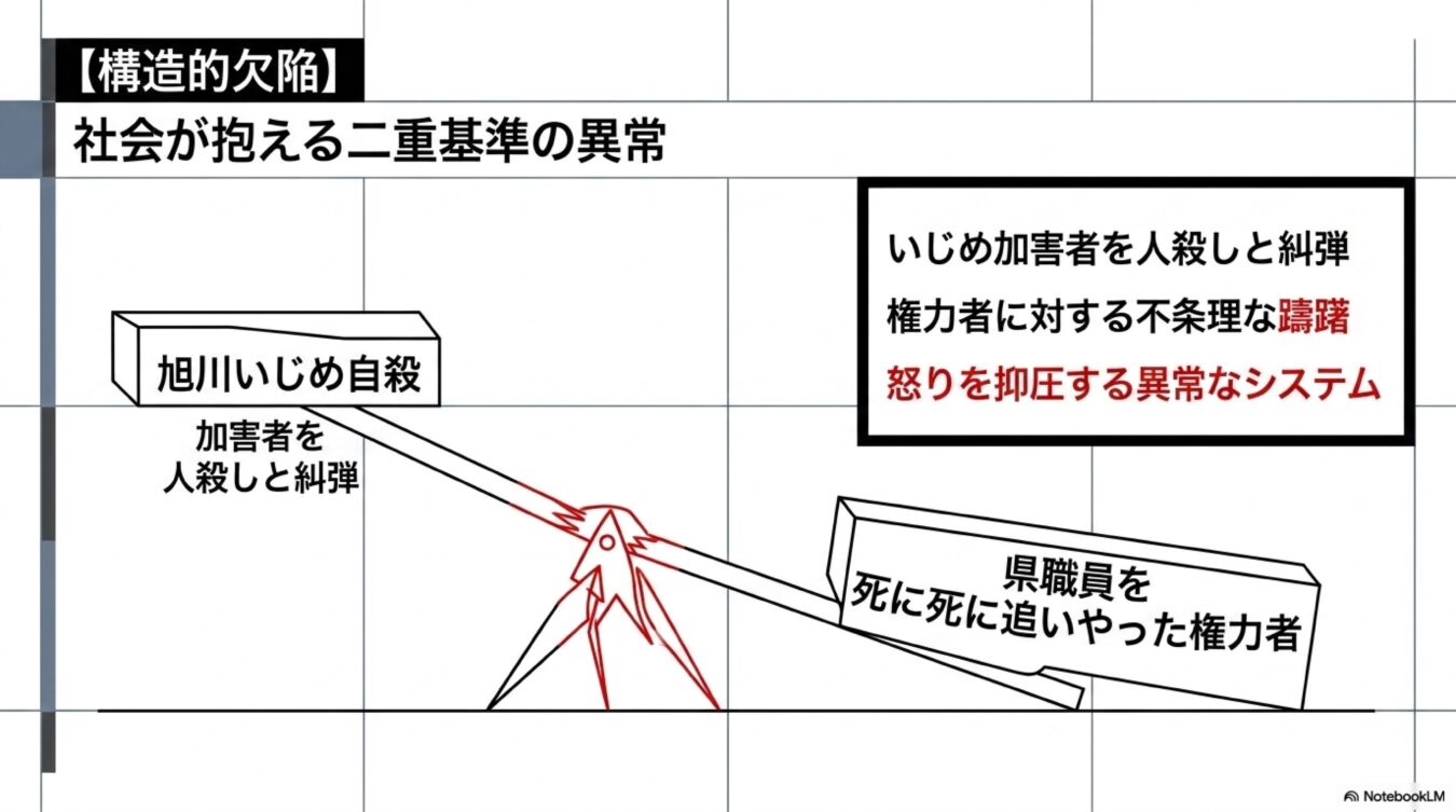 いじめ加害者への厳しい糾弾と、権力者への不条理な擁護という社会が抱える二重基準の異常さを、シーソーの図を用いて対比的に解説した図解。