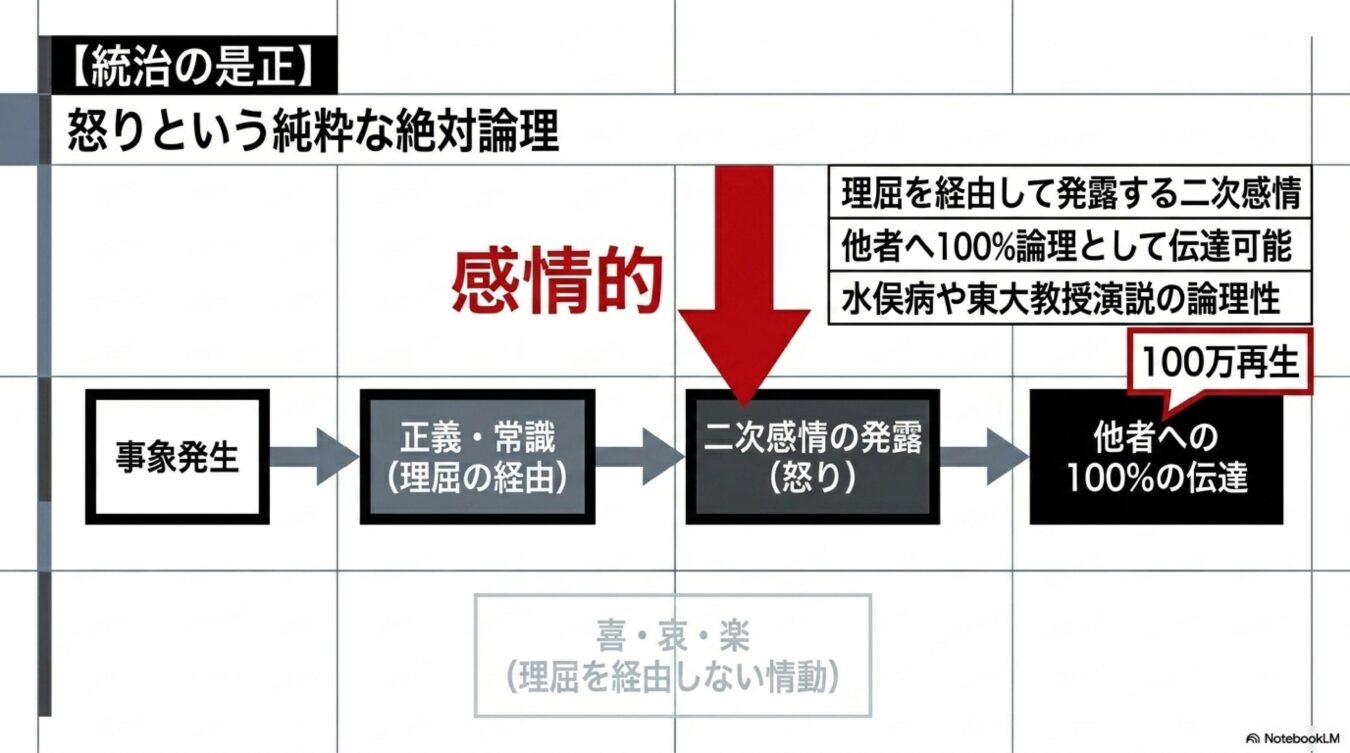 事象発生から正義・常識の理屈を経て怒りという二次感情が発露し、他者へ論理として伝達されるプロセスを示す図解。