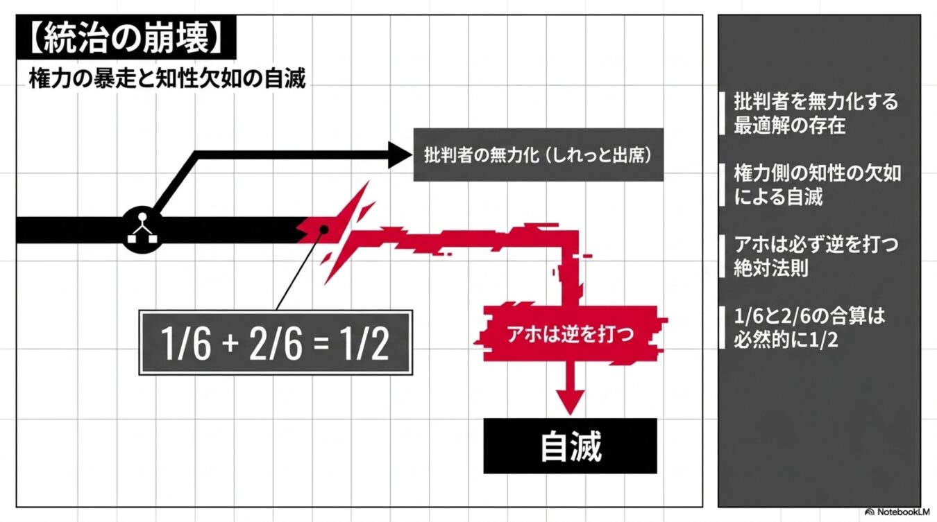 統治の崩壊と権力の暴走を表現した図。批判者の無力化と知性欠如による自滅のメカニズムを、数式とフローチャートを用いて解説している。