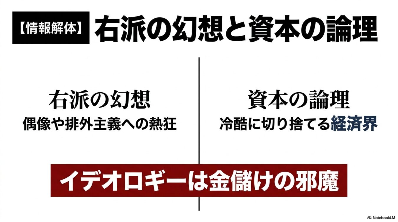 右派の幻想と資本の論理と題し、排外主義への熱狂と冷酷な経済界の対立構造、およびイデオロギーが金儲けの障害となるという主張をまとめた図解。