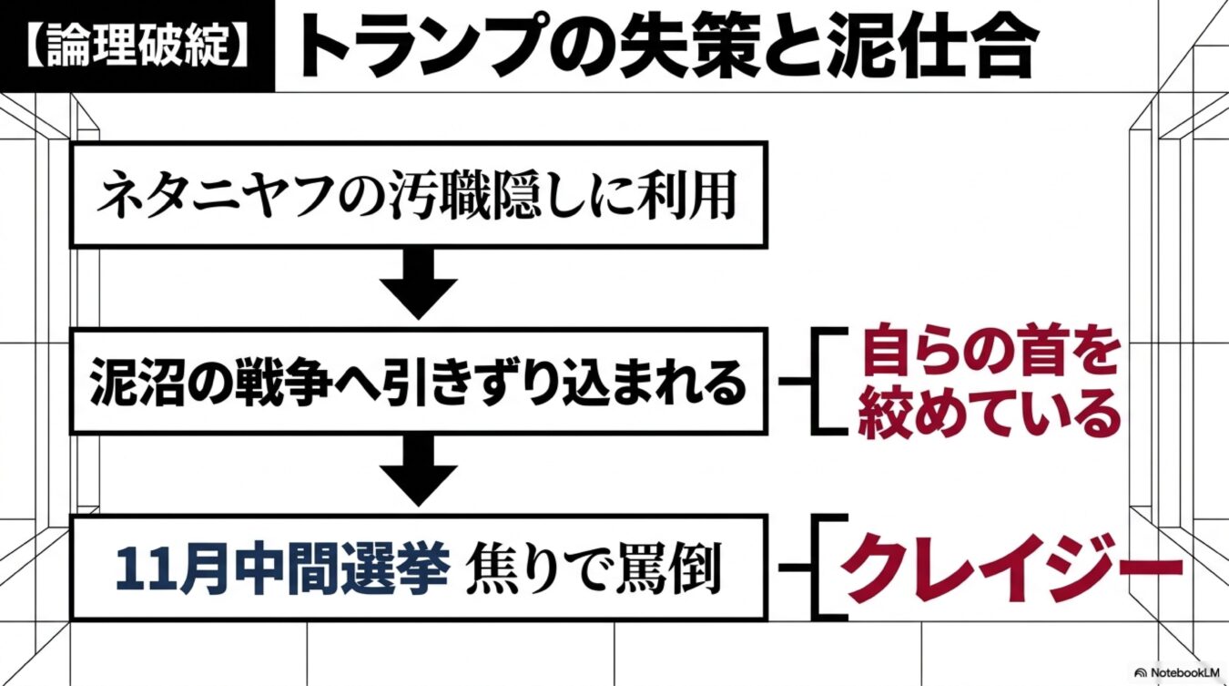 トランプ氏の失策と泥仕合を解説する図解。ネタニヤフ氏の汚職隠し利用から戦争への深入り、中間選挙での焦りによる罵倒まで、自滅の論理を順を追って示している。
