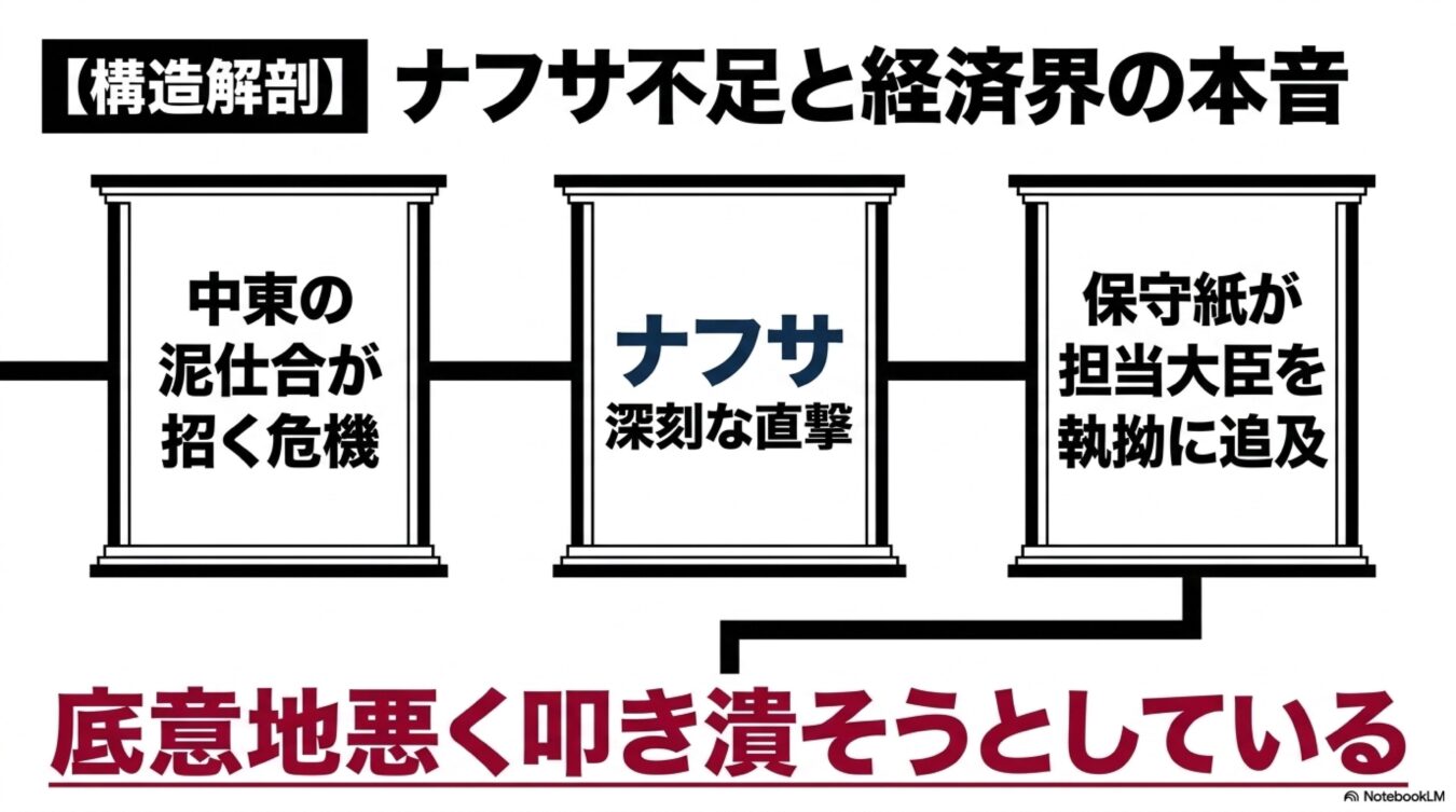 ナフサ不足と経済界の本音を構造解剖図で解説。中東情勢の影響、ナフサの直撃、保守紙による大臣への追及と、それらを背景にした底意地悪い叩き潰しの構図。
