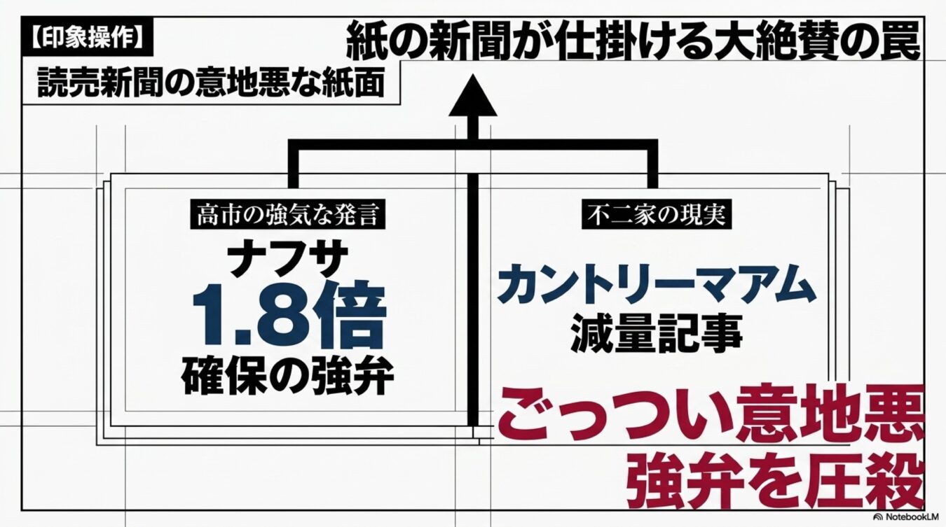 読売新聞の紙面構成を批判的に分析した図解。高市氏の発言と不二家の減量記事が並置され、印象操作による紙面の意図を指摘する内容。