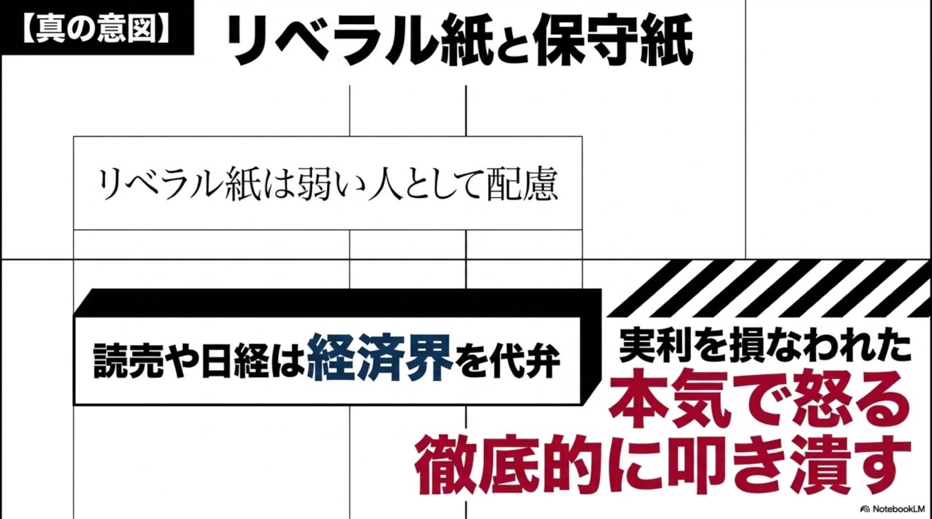リベラル紙と保守紙のスタンスの違いを図解。リベラル紙は弱者への配慮を強調し、読売や日経などの保守紙は経済界を代弁し、実利を損なう相手を徹底的に叩くという対立構造を示している。