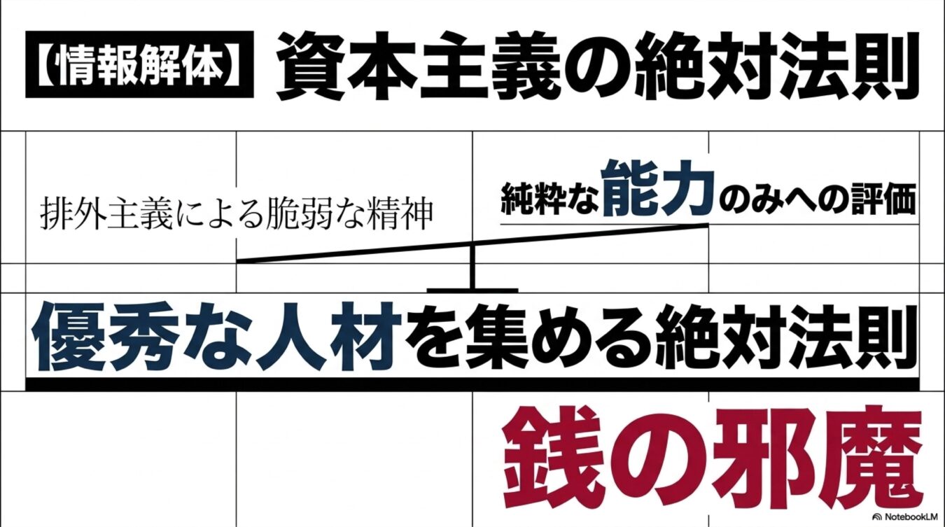 資本主義において優秀な人材を集めるには、排外主義ではなく純粋な能力評価が重要であるという主張を対比図で示す。