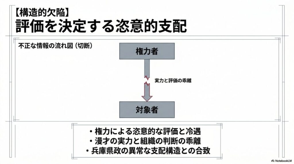 評価を決定する恣意的支配の構造的欠陥として、権力者と対象者の間で情報が切断され実力と評価が乖離する状態。